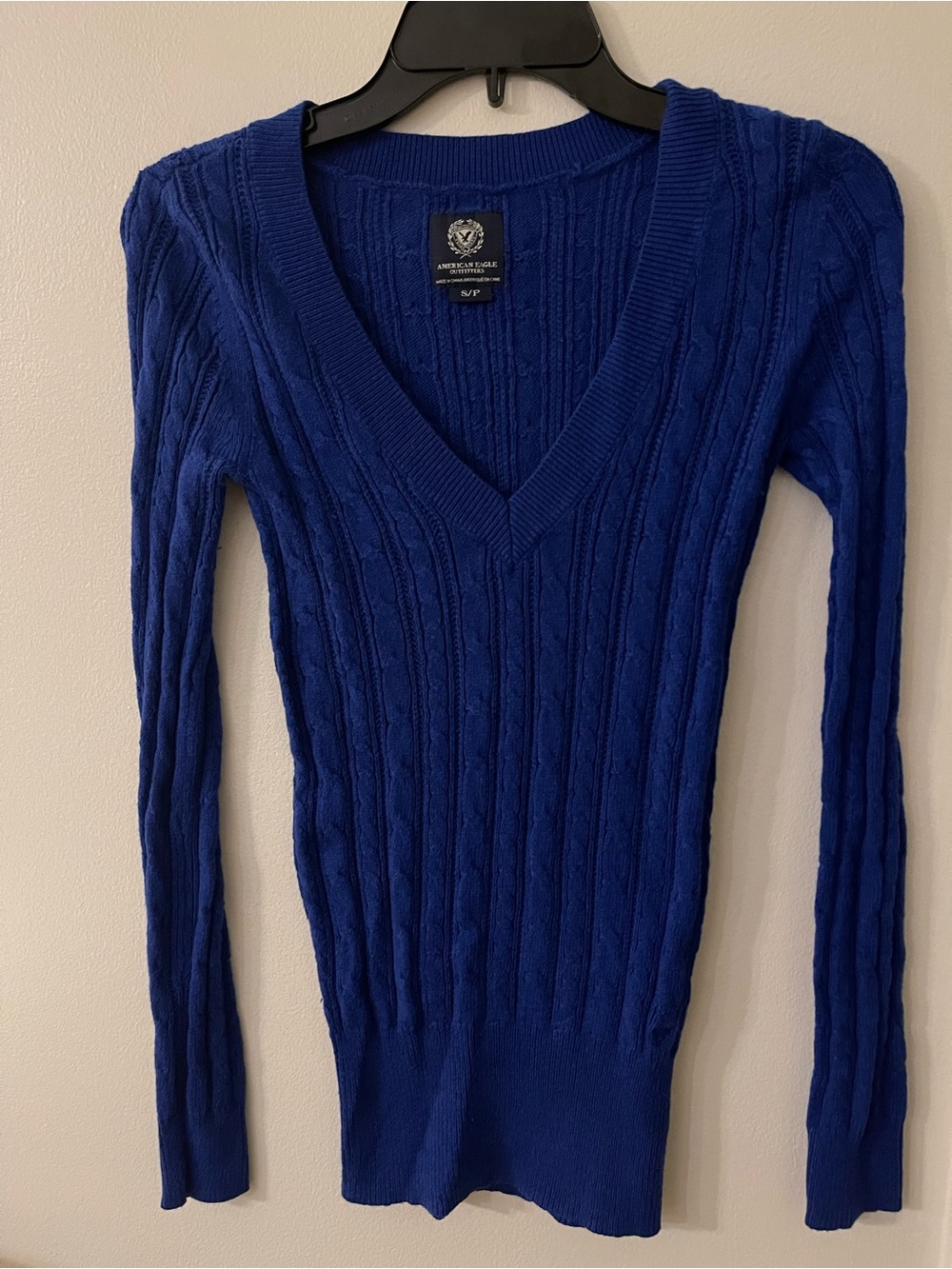 American Eagle Outfitters Cobalt Blue Cable Knit V-Neck Sweater